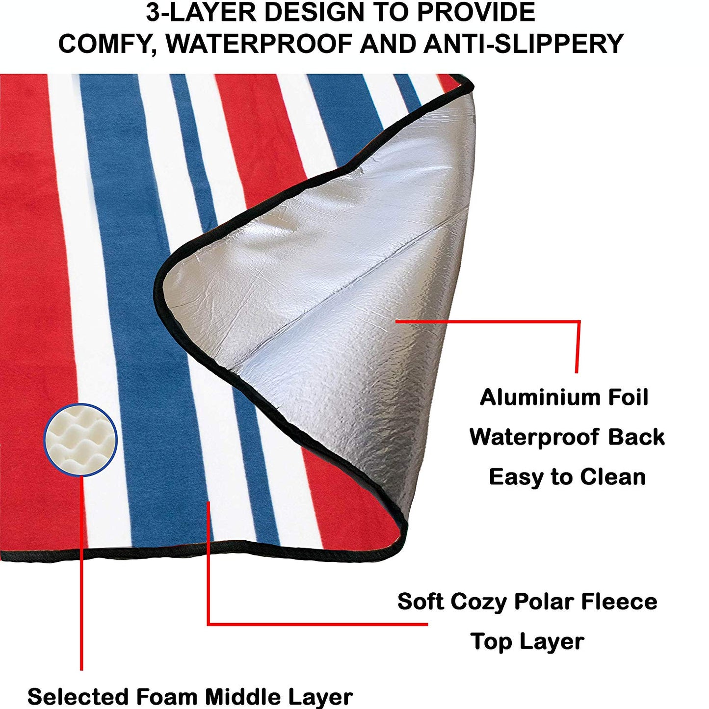 60" x 48" 3-Layer Waterproof Outdoor Blanket/Picnic Blanket - Red Stripe