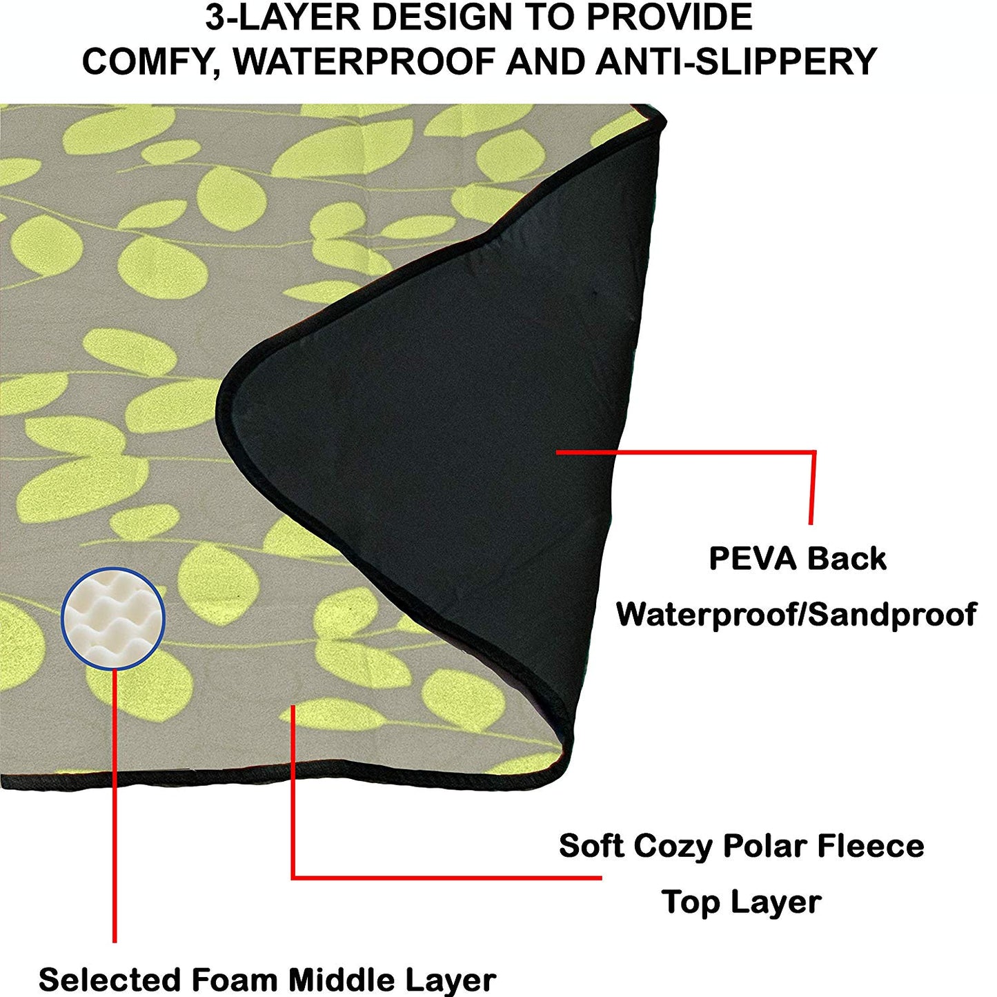 80" x 72" 3-Layer XXLarge Waterproof Outdoor Blanket - Green Leaves